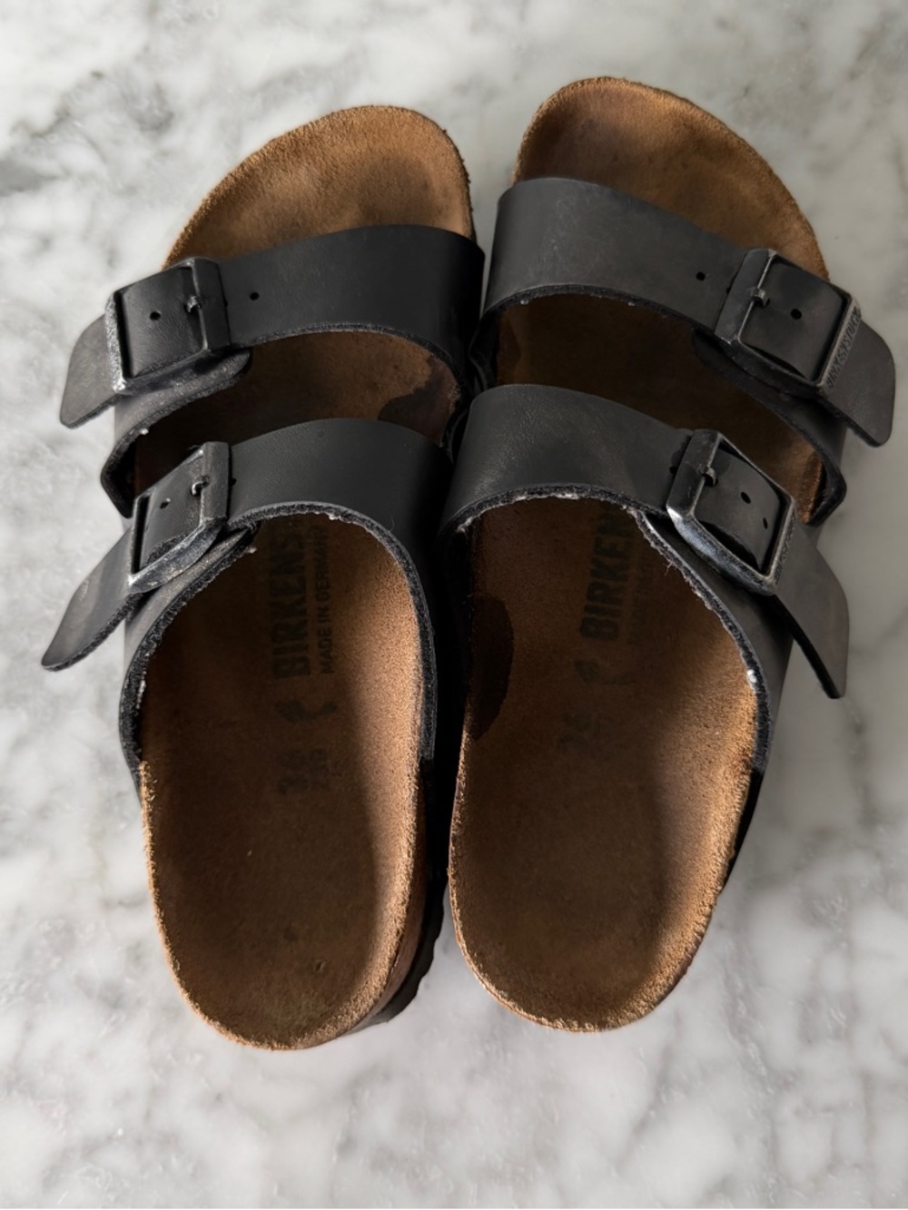 Birkenstock Black Leather Two-Strap Slide Sandals